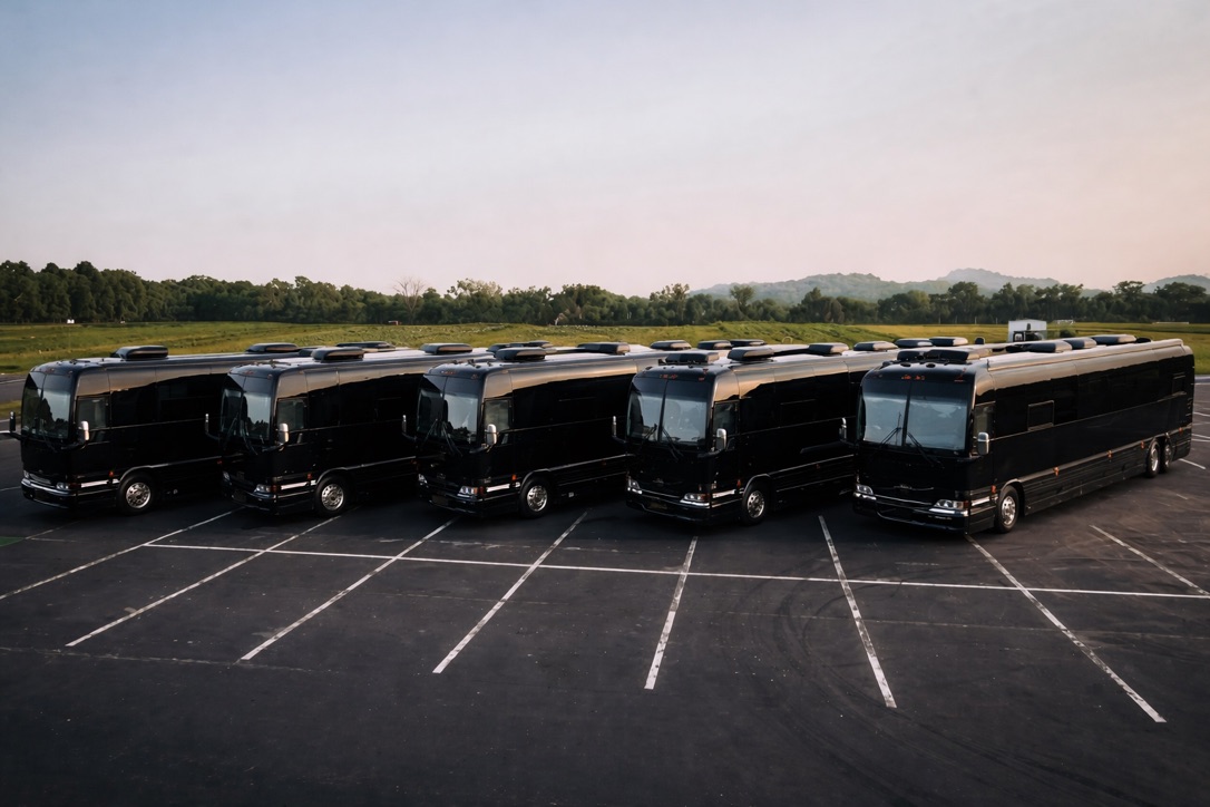 Row of luxury entertainer coaches for Book That Bus